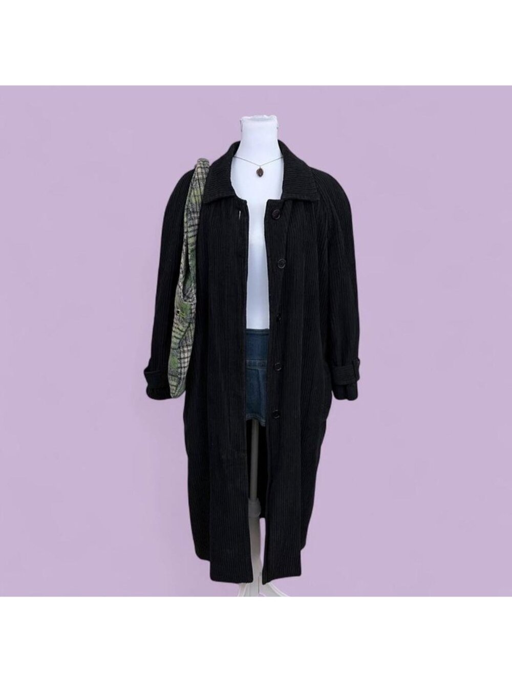 90s black corduroy capsule basic long line trench coat